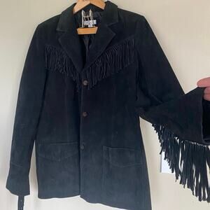 Denim & Co Black Suede Leather Western Fringe Jacket Size XL